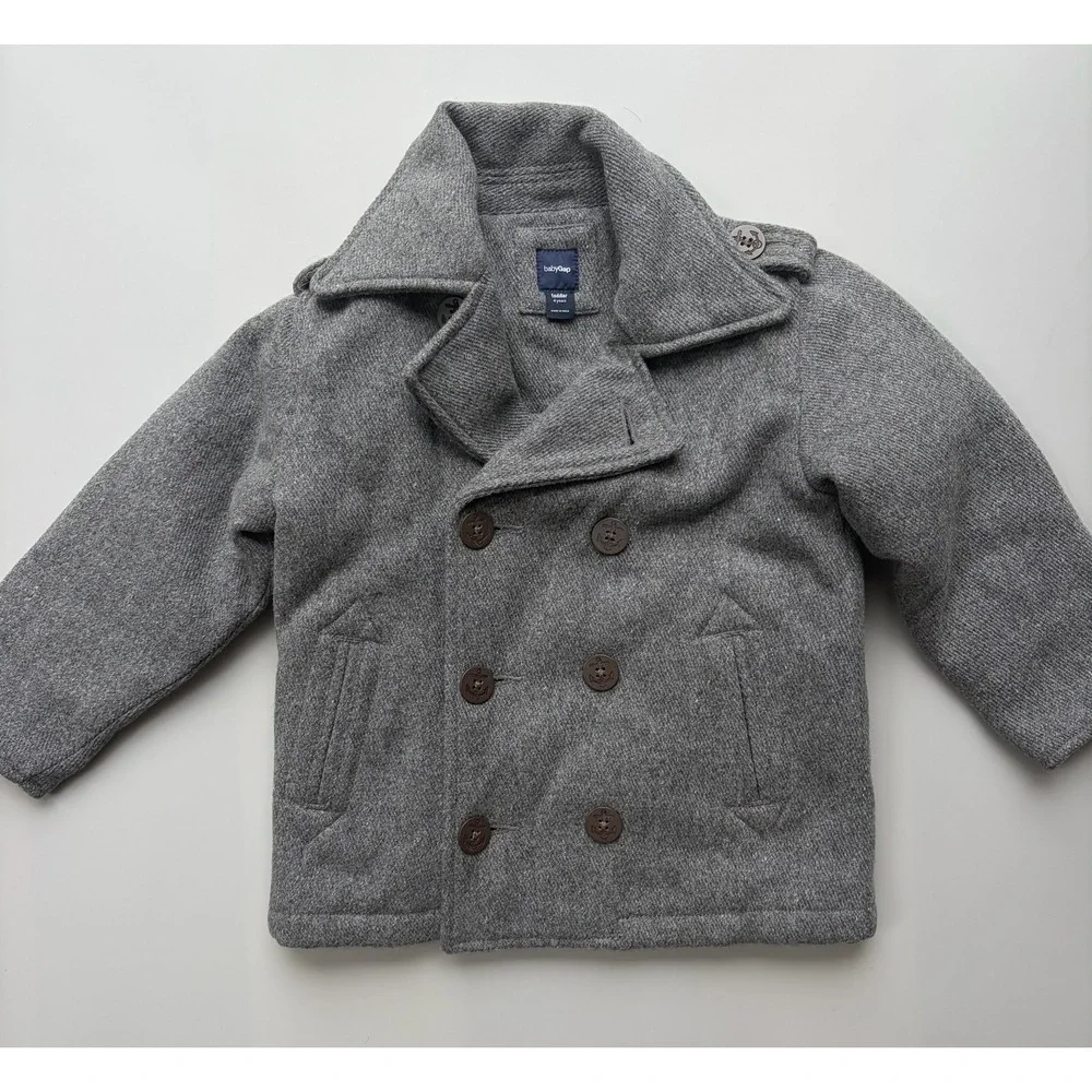 BabyGap Toddler Boys Gray Wool Blend Pea Coat Plaid Lined Jacket 4 Years
